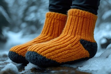 A pair of orange socks sitting on top of a rock