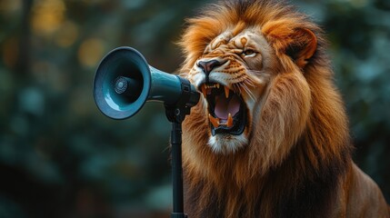 Majestic Lion Roaring into a Megaphone: A Powerful Wildlife Image