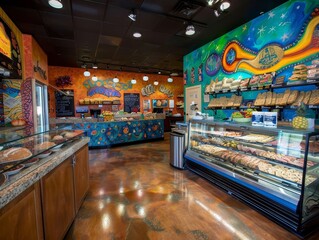 Artisan Bakery Shop Interior: Cozy Atmosphere with Vibrant Mural and Modern Design Featuring Sweet Treat Displays and Warm Colors