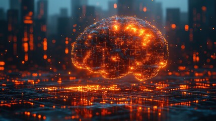Digital Brain: A futuristic cityscape backdrop showcasing a glowing brain construct, symbolizing artificial intelligence and technological advancement.