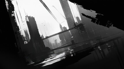 Fototapeta premium Monochrome Cityscape with Cranes in Dynamic Motion