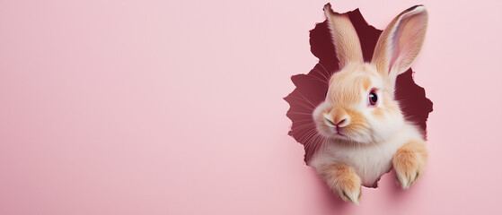 Obraz premium Bunny peeking out of a hole in pink pastel wall, fluffy eared bunny easter bunny banner, rabbit jump out torn hole. Copy space for text banner.