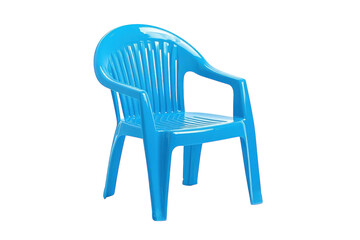 Bright blue plastic chair standing alone on a white background inviting casual relaxation isolated on transparent background