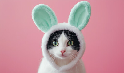 A white and black cat wearing an Easter bunny costume with mint green ears, photo taken from the front of its head. Copy space for banner. Pink background.