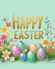 Happy Easter background with message, rounded frame and Easter egg scene. Gold text on pastel green background, colorful wildflowers and daffodils. Banner. 