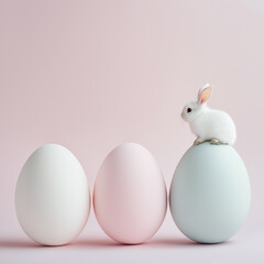 Easter photo including three huge eggs in a pastel colours and a smaller white bunny trying to reach the top of one of the eggs. Solid pastel background. Copy space for text. Banner.