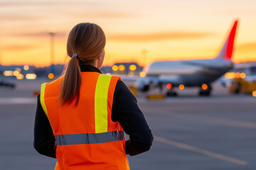 A female airport ground worker in an orange safety vest watching an airplane taxi on the runway during a stunning sunset.