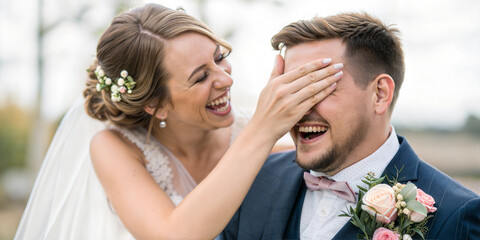 Bride playfully covering groom’s eyes in joyful moment on wedding day