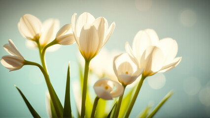 Delicate spring flowers in backlit sunlight, blurred background