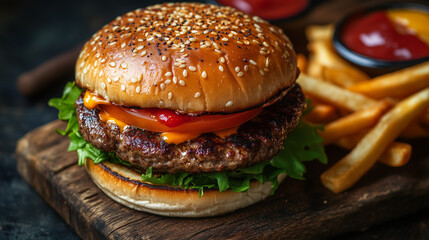 A freshly grilled cheeseburger with lettuce, tomato, and melted cheese served with crispy fries and dipping sauces.