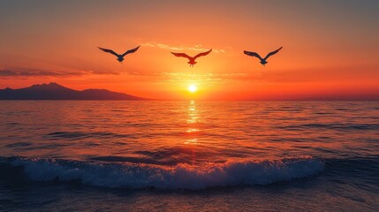 Obraz premium Majestic Sunset over the Ocean with Three Birds in Flight