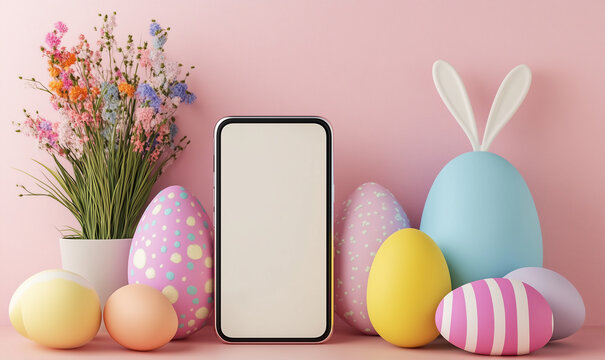 Mock up big phone screen and colorful easter eggs with bunny ears, phone, easter, online, shopping, holiday, celebration, decoration, three-dimensional, easter egg. Copy space for banner.