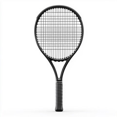 A realistic black tennis racket with a tight string pattern, isolated on a white background.
