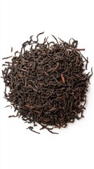Loose black tea leaves are artfully displayed, showcasing their twisted shape and deep color. The setting afternoon light enhances the rich, earthy tones, inviting a moment of tranquility