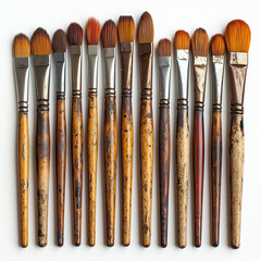 Fototapeta premium A set of rustic wooden-handled paintbrushes arranged in a row, showing artistic tools with worn bristles.