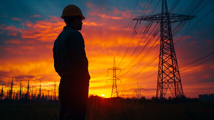 A silhouette of an electrical engineer standing near power lines at sunset, symbolizing energy, infrastructure, and industrial development.