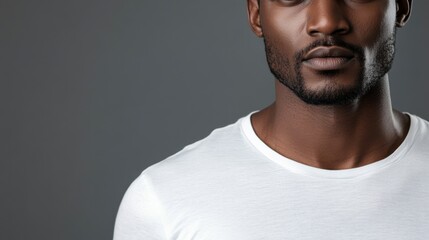 Obraz premium Close up portrait of good-looking serious African man with healthy clean skin wearing white casual t-shirt posing isolated against gray studio wall with copy space for your promotional content