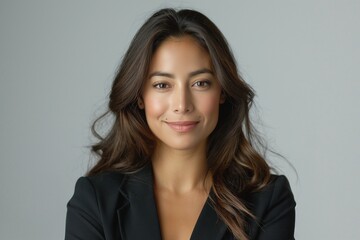 Naklejka premium Confident young woman with long dark hair in a black blazer, smiling warmly against a soft gray backdrop.