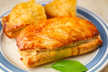 Meat pie quiche French snack fresh delicious gourmet food background on the table rustic food top view copy space