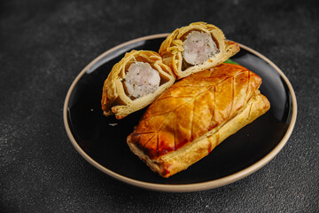 Meat pie quiche French snack fresh delicious gourmet food background on the table rustic food top view copy space