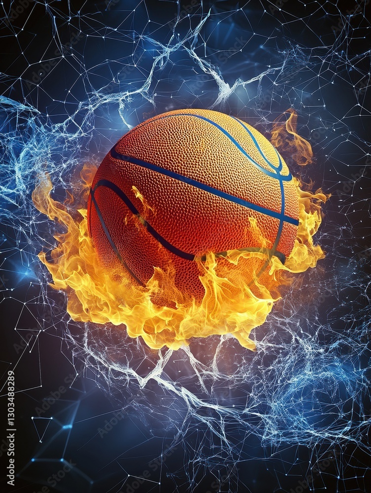 Poster basketball ball on fire and water with lightening around on abstract polygonal background. horizonta