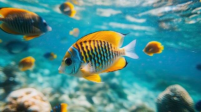 tropical fish in the sea, close up of tropical colorful fish, underwater life