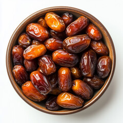 Top view of a bowl filled with dates on a white background.
