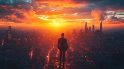Fototapeta premium Sunset Cityscape: A Man's Silhouette Against the Vibrant Horizon
