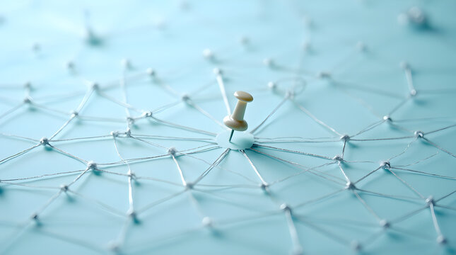 Minimalist Push Pin String Network on Light Blue Surface | Central Focus Point | Linked Nodes Abstract Conceptual Visual Graphic