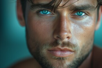 Fototapeta premium Close-up of a young Caucasian male with striking blue eyes and a strong jawline, exuding confidence and allure.