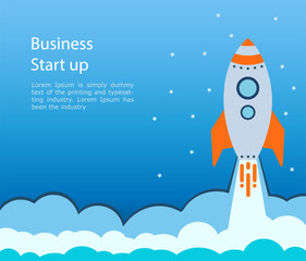 Blue rocket takes off into stars space . business startup text rocketdock, rocket space ship in flat style. concept Start up Business. Vector Illustration.