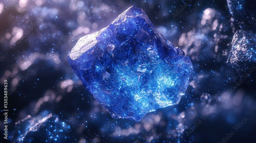 Poster cobalt-rich mineral rock floating in space illuminated by cosmic rays with detailed textures and fut