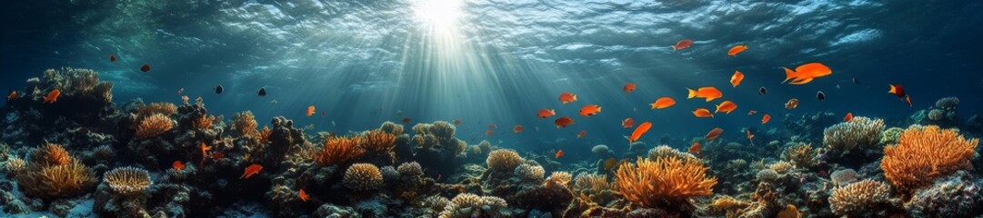 Fototapeta na wymiar Sunlight Shining Through Water on a Colorful Coral Reef Full of Fish. Generative AI