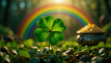A four leaf clover with a rainbow and pot of gold in the background. St. Patrick's Day Concept.
