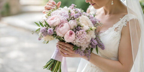 Young bride gently holding wedding bouquet with soft pink roses and white flowers