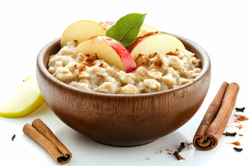 Warm oatmeal with cinnamon and apple slices, isolated on white background