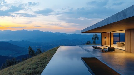 Fototapeta premium Modern mountaintop infinity pool house at sunset