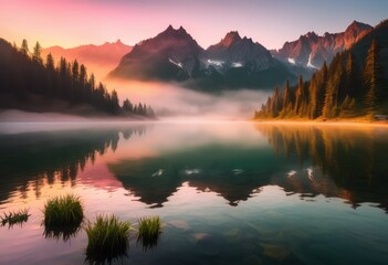 breathtaking mountain range bathed sunrise light surrounded ethereal mist creating captivating natural scene, adventure, beauty, climate, clouds, dawn