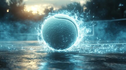 Futuristic Tennis Ball with Light Particles in a Sleek Environment. Generative AI