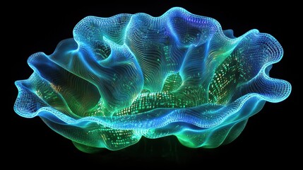 Futuristic render of a virtual brain composed of flowing data streams and digital code, glowing in neon blue and green, representing the intersection of artificial intelligence and human cognition