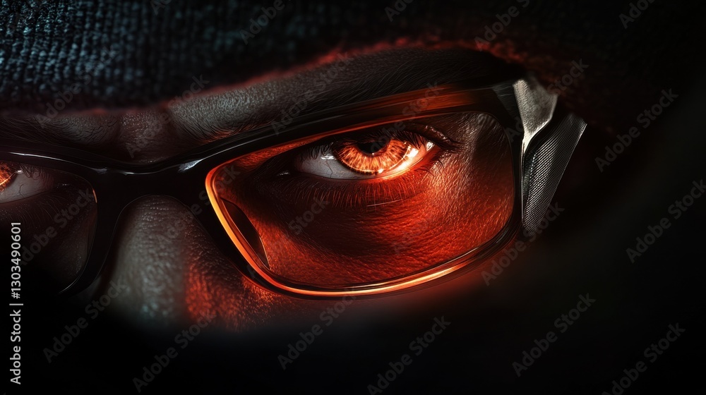 Poster vision, hacking and technology concept - close up of hacker eyes in glasses looking at computer scre