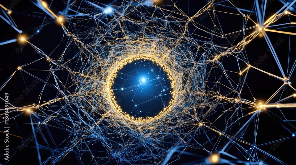 Poster high-tech artificial intelligence network in vibrant blue, glowing with data streams and futuristic 