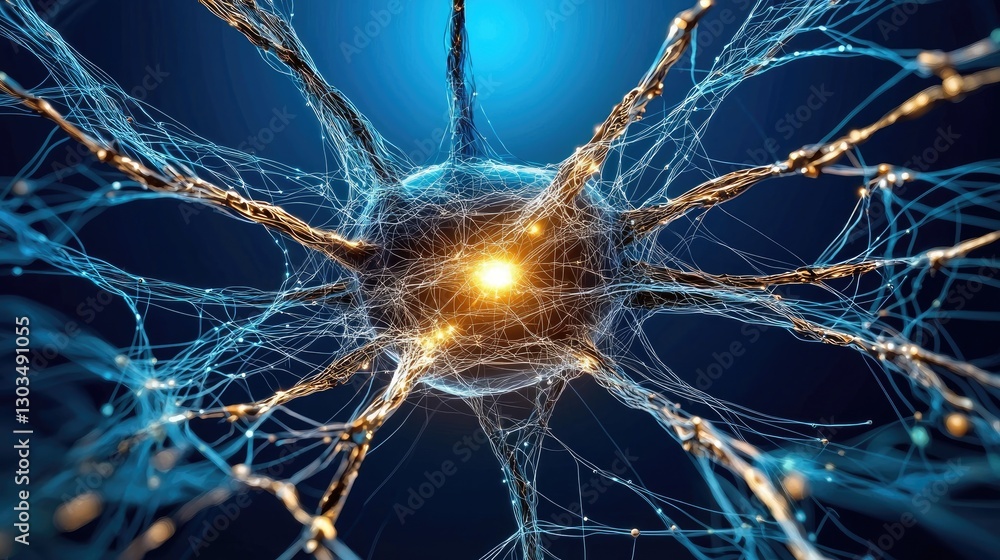 Poster high-tech artificial intelligence network in vibrant blue, glowing with data streams and futuristic 