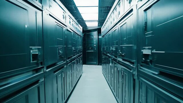 Secure bank vault hallway with metal safety deposit boxes for high-security and financial storage concepts. financial security, banking safety, secure storage, wealth protection, safe