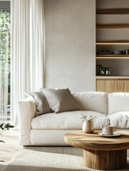 Modern home living room interior with cozy sofa and wooden tea table