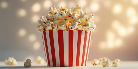 Delicious popcorn in a red and white striped container with warm light in the background