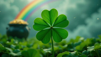 Obraz premium A shamrock with a rainbow and pot of gold in the background. St. Patrick's Day Concept.