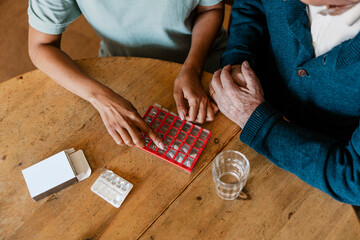 High angle view of healthcare worker explaining dosage to senior man at home