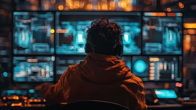 A hacker at work on a computer with a digital background of code and web elements