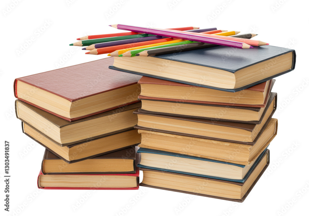 Poster a neatly stacked pile of hardcover books in various colors and textures isolated on transparent back